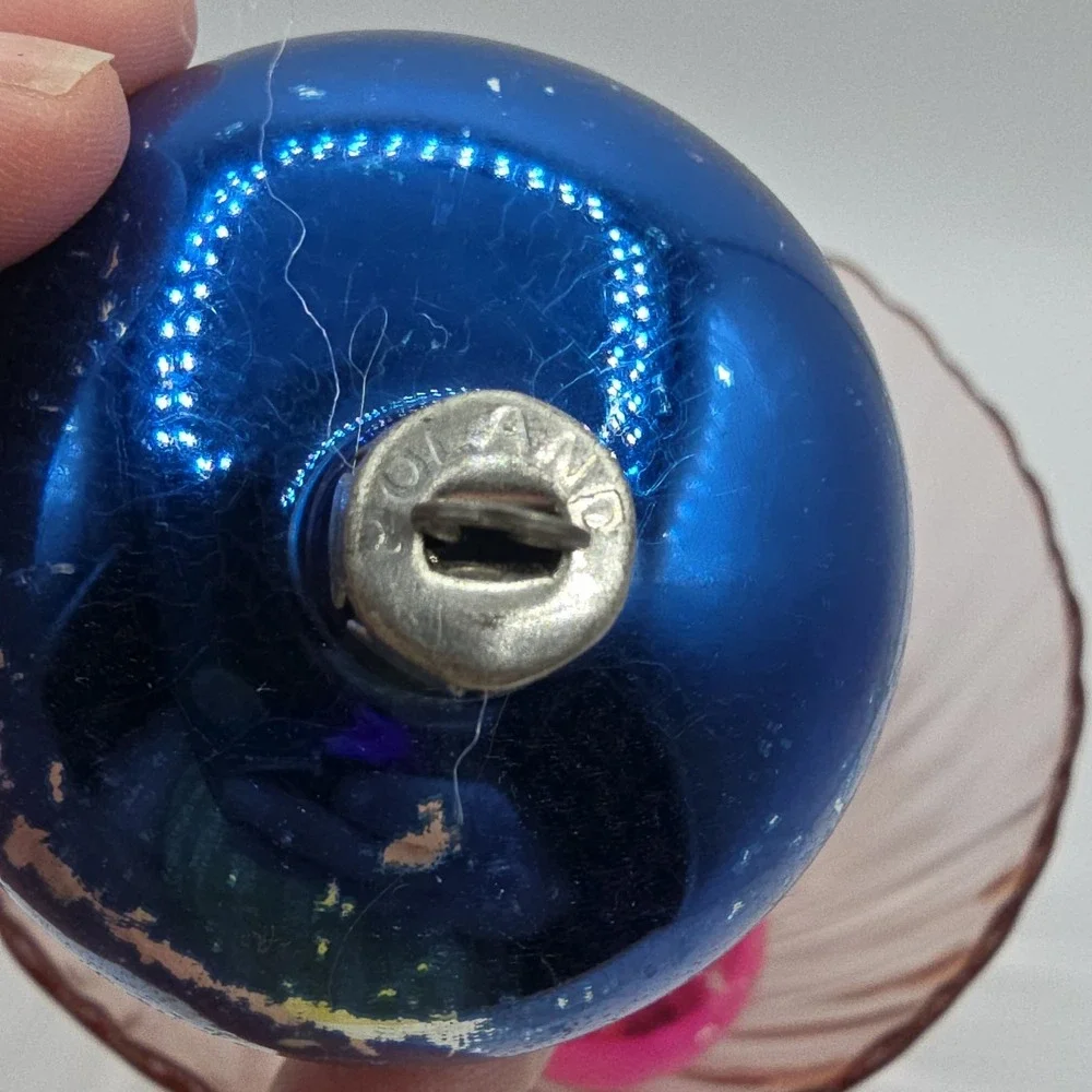 6 Vintage Poland Blue Pink Glass Christmas Holiday Ornaments Lot Set‎